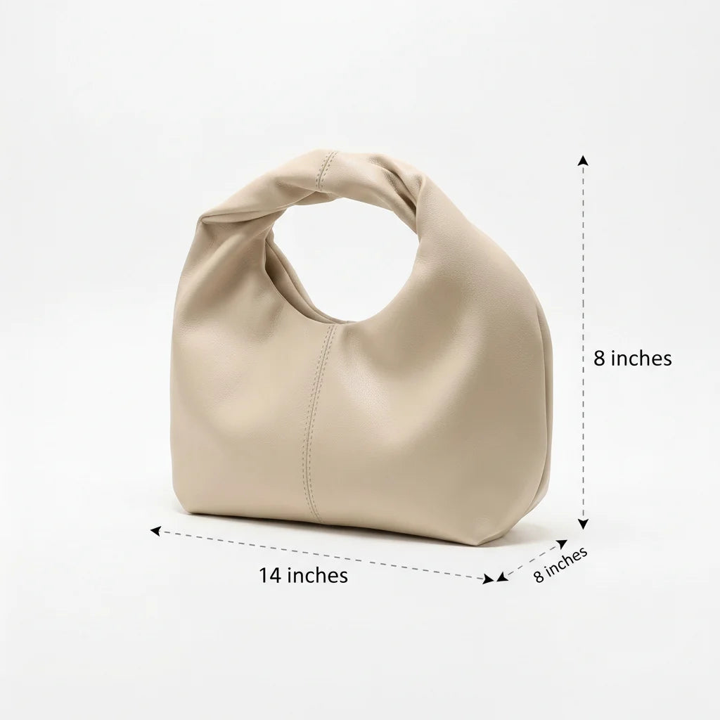 Beige handbag with dimensions marked on a white background