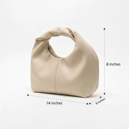Beige handbag with dimensions marked on a white background