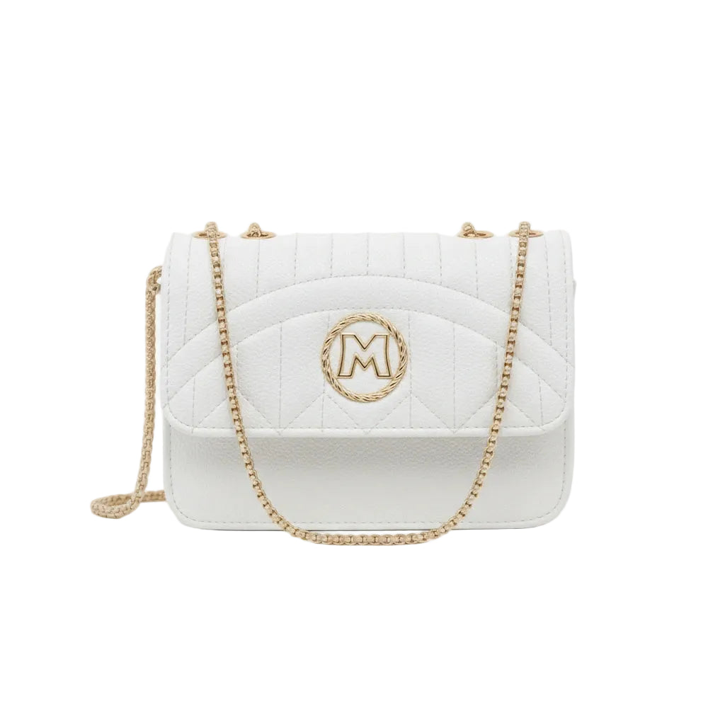White quilted handbag with gold chain and logo on a white background