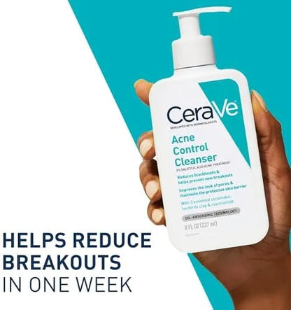 CeraVe Acne Control Cleanser held in a hand with promotional text on a blue and white background