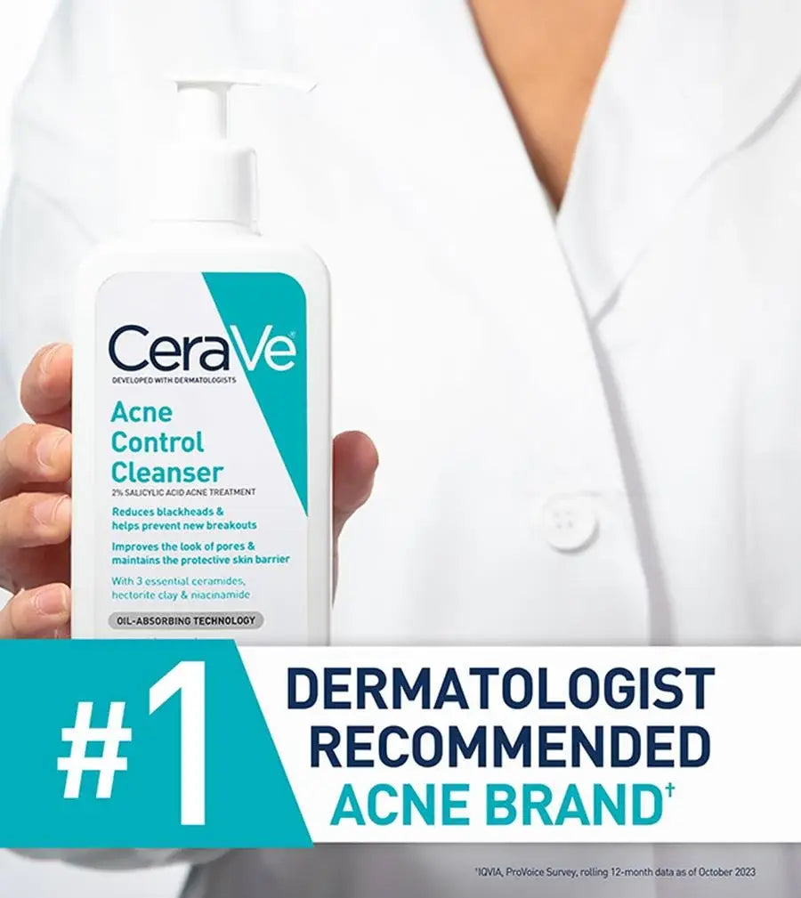 CeraVe Acne Control Cleanser held by a person in a white coat with dermatologist recommended text.