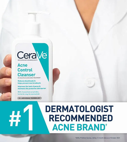 CeraVe Acne Control Cleanser held by a person in a white coat with dermatologist recommended text.