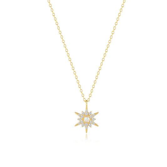 Rose gold necklace with a diamond pendant on a white background