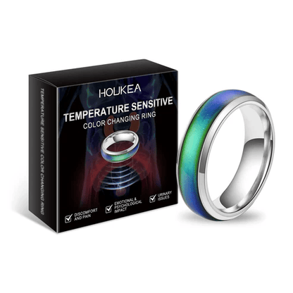 Temperature sensitive color-changing ring with packaging on a white background