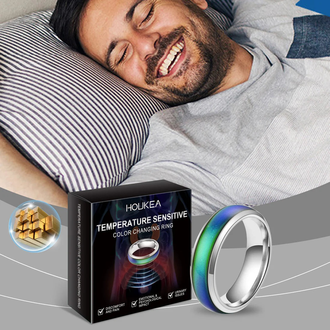 Man lying down with a temperature sensitive color-changing ring and its packaging on a gray background