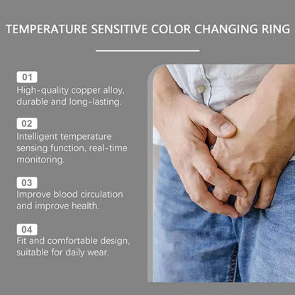 Temperature sensitive color changing ring with text on a gray background