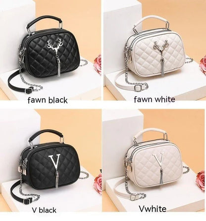 Four quilted handbags in fawn black, fawn white, V black, and V white on a light background.