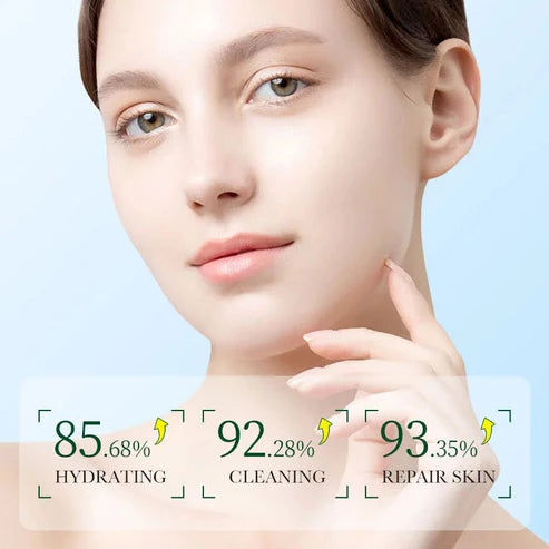 Woman touching her skin with skincare stats displayed below on a light blue background