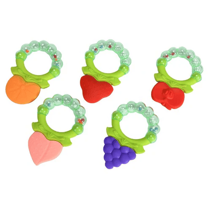 Set of colorful fruit-themed baby teething rings on a white background